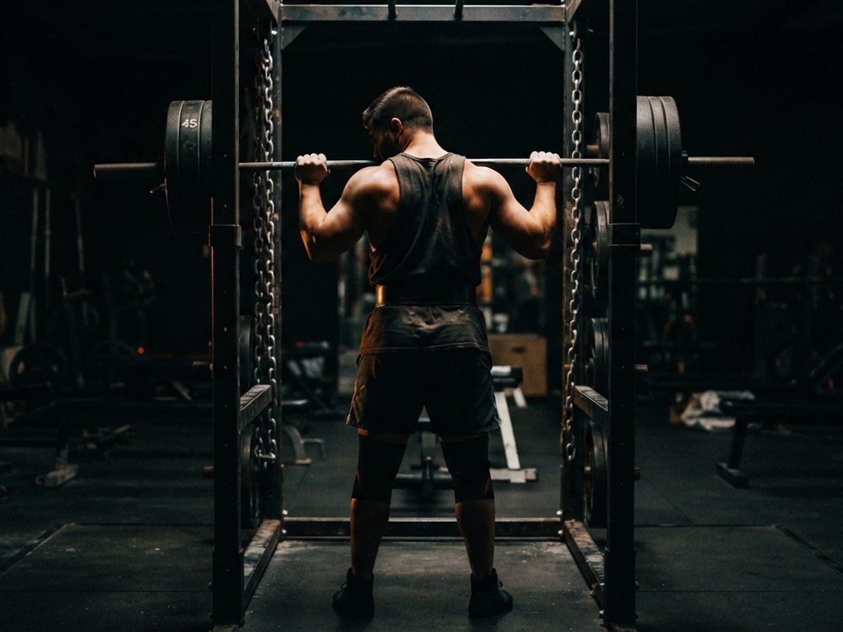 Atleta natural agachando em rack de musculação, ambiente de academia escuro e dramático